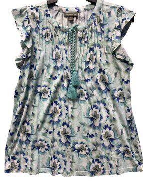 Style & Co Size Small Flutter Pintuck Top With Floral Print Tassel Tie Neck
